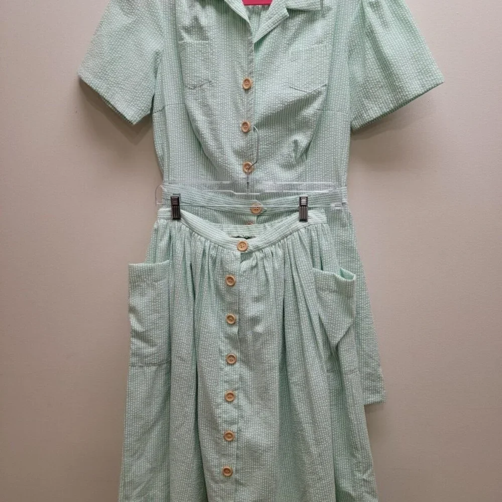 1940s Style Loco Lindo Green Strip Seer Sucker Romper  jumpsuit XL - Picture 2 of 6